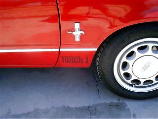 1978 Ford Mustang II - Close-up of a red car's side panel, showing the MACH 1 badging and a horse emblem.