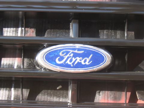 1988 Ford Bronco - The blue Ford emblem is centered on a black grille, with some debris visible.
