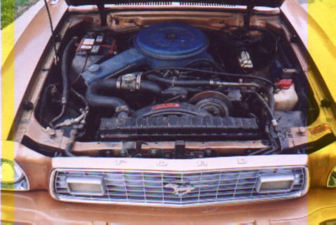 1978 Ford Mustang II - The engine bay of a 1978 Ford Mustang II is shown, the V8 engine and radiator.