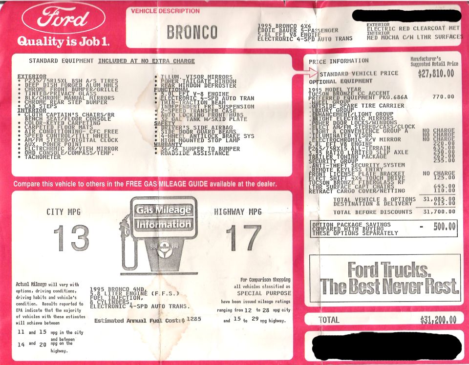 1995 Ford Bronco Eddie Bauer 4x4 window sticker with standard and optional equipment, pricing and MPG ratings