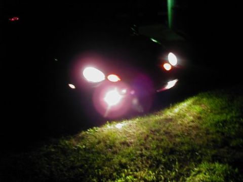 1997 Ford Taurus - Headlights illuminate the grassy area at night, with the vehicle itself mostly obscured by darkness.