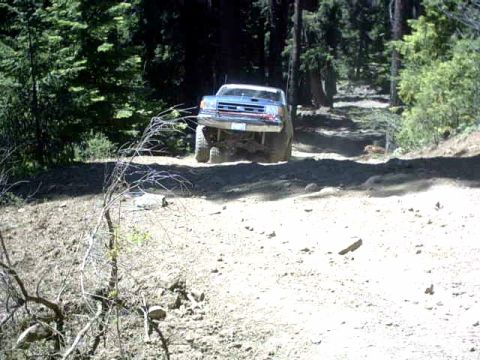 1995 Ford Bronco - A Ford truck navigates a rough, unpaved road surrounded by dense trees.