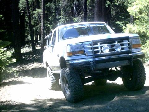 1995 Ford Bronco - This lifted Ford Bronco navigates a wooded trail with sunlight filtering through the trees.