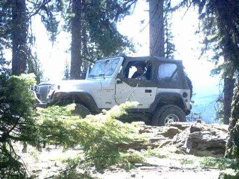 1995 Ford Bronco - White Jeep Wrangler TJ navigates a rocky, wooded trail.