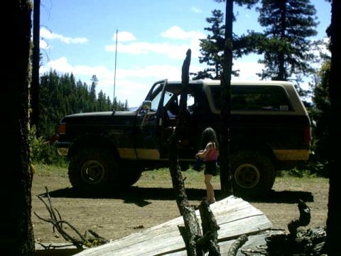 1995 Ford Bronco - A Ford Bronco is parked off-road, surrounded by trees and under a partly cloudy sky.