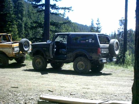 1995 Ford Bronco - Two Ford Broncos are parked outdoors in a wooded area, one black and one yellow.