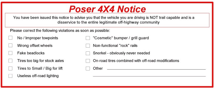 Poser 4X4 Notice document listing off-road violations