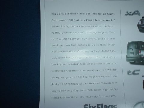 1993 Ford Taurus - Advertisement for Scion Night at Six Flags Marine World on September 10th, offering free park entry with a test drive.