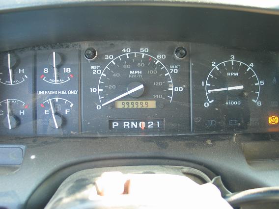 Ford gauge cluster with odometer reading 999999 and lit ABS warning light