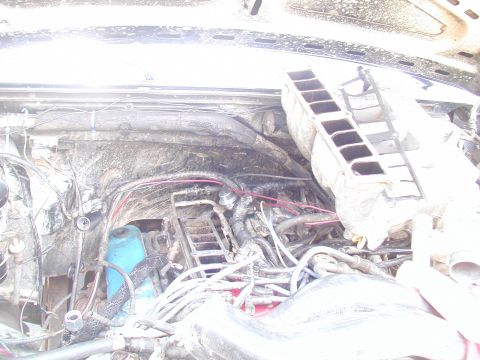 1988 Ford Bronco - The engine bay is shown with the intake manifold removed, revealing a complex network of wires and hoses.