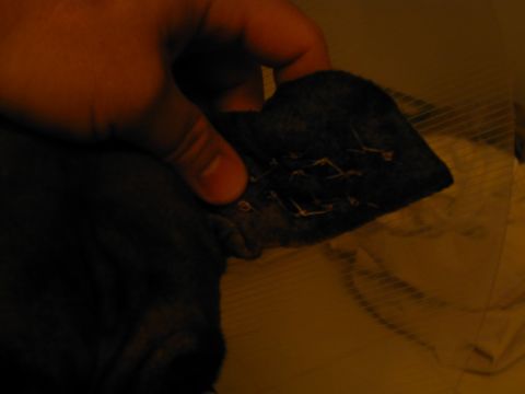 1988 Ford Bronco - A hand holds a dark dog ear with visible white stitching.