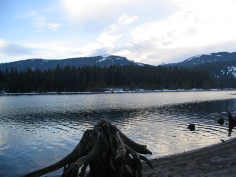 1989 Ford Bronco - Water reflects the sky and mountains, with a large tree stump on the shore.