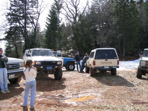1989 Ford Bronco - A group of off-road vehicles are gathered in a wooded area, possibly for an off-road trip.