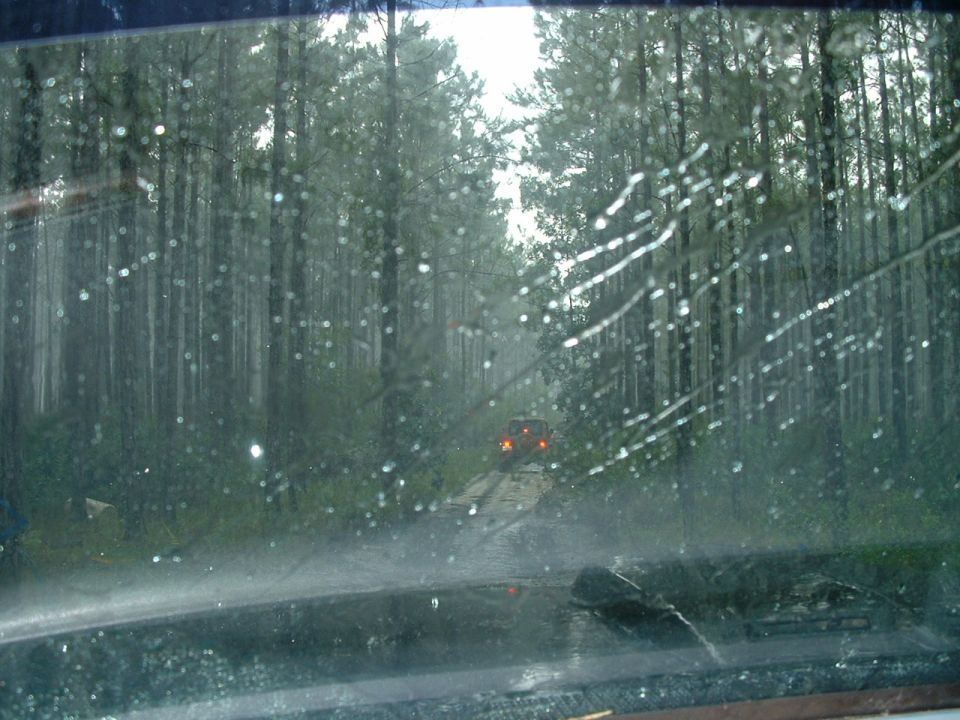 View through a wet windshield of an orange SUV driving on a muddy dirt road through a forest