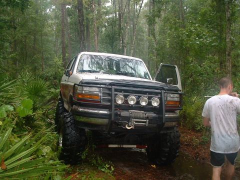 1995 Ford Bronco - A heavily modified Ford Bronco sits off-road in a dense forest, its large tires and bull bar suggesting off-road capabilities.