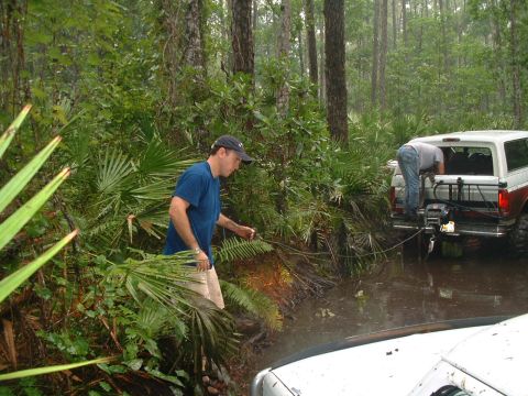 1995 Ford Bronco - Two vehicles are stuck in a muddy, wooded area, with one person attending to a winch on the back of a Bronco.