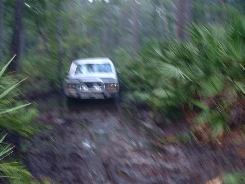 1995 Ford Bronco - A 1995 Ford Bronco navigates a muddy, wooded path, demonstrating its off-road capability.
