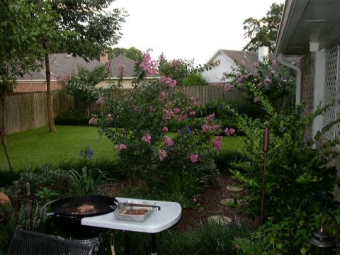 1995 Ford Bronco - Backyard scene a grill with steaks cooking and a table with raw meat, surrounded by flowering bushes.