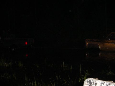 1989 Ford Bronco - Two trucks are being towed at night, with one truck's taillight visible in the darkness.
