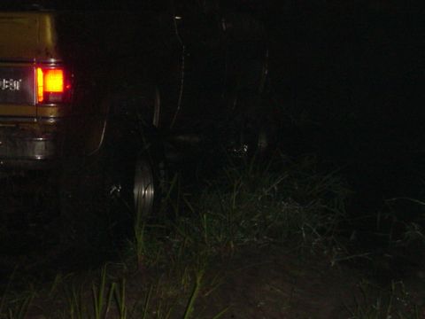 1989 Ford Bronco - A yellow vehicle's rear is seen at night, with its tail light illuminated and the vehicle partially surrounded by grass.