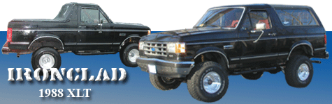 1988 Ford Bronco - Two black Ford Broncos are shown, one with a 3/4 front view and the other with a side view, accompanied by text.