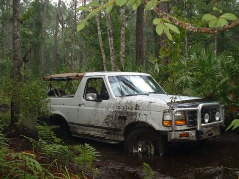 1992 Ford Bronco - A white 1992 Ford Bronco navigates through a muddy, wooded area, with its tires deep in the mire.