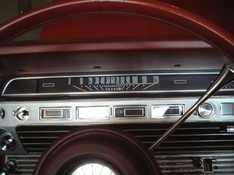 1967 Ford Galaxie - Interior view of a 1967 Ford Galaxie dashboard, the speedometer and various gauges.