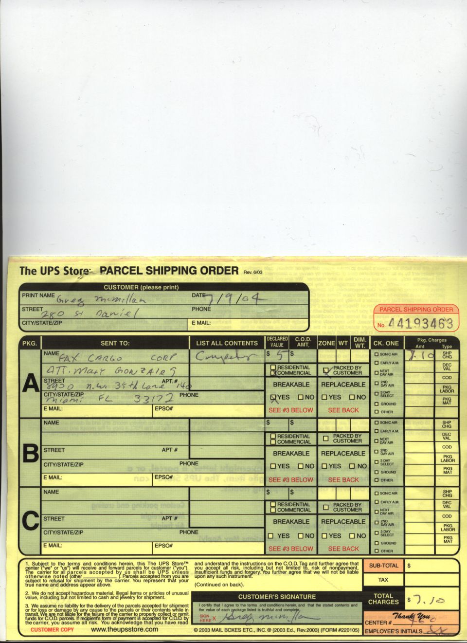 UPS Store parcel shipping order form with handwritten details