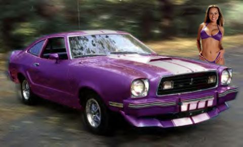 1978 Ford Mustang II - A purple 1977 Ford Mustang II coupe with racing stripes is shown with a woman in a bikini and Supermotors.net logo.