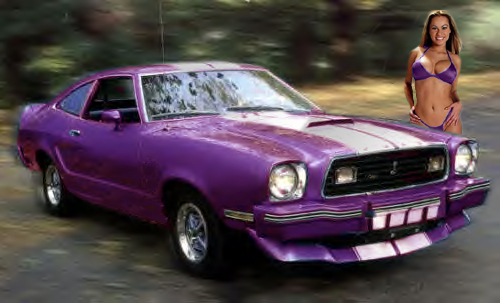 Purple 1977 Ford Mustang II coupe with silver racing stripes, front damage, and a woman in a bikini