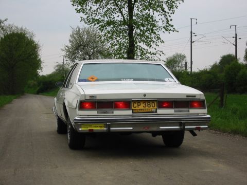 1979 Chevrolet Caprice - A white sedan is parked on a dirt road with trees and utility poles in the background.