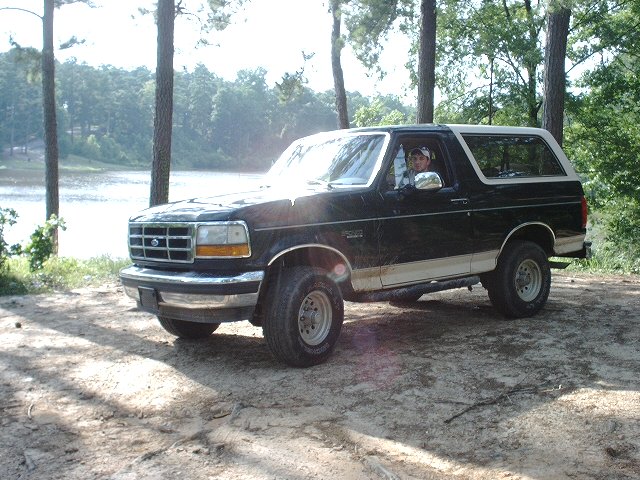 Black full-size Ford Bronco with tan stripe parked by a lake among pines