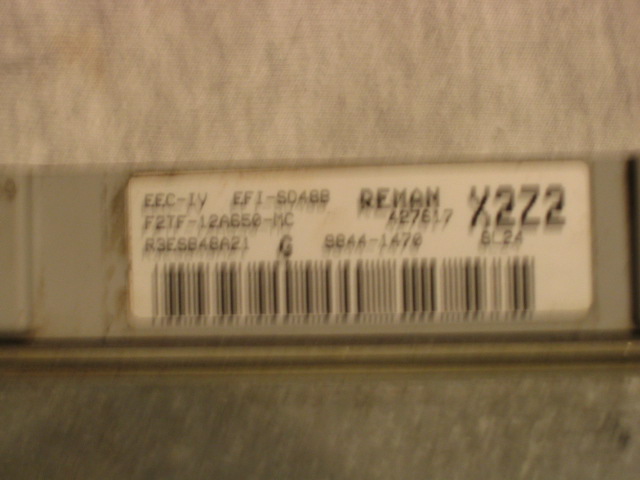 Ford EEC-IV reman engine computer label with part number and barcode