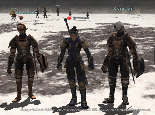 Final Fantasy XI screenshot of three armored characters on a snowy field
