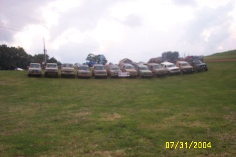 1979 Ford F-150 - A line of pickup trucks are parked on a grassy hill with a cloudy sky overhead.