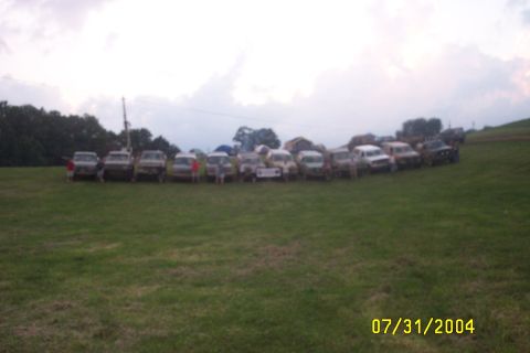 1979 Ford F-150 - A group of trucks and vans are parked in a line on a grassy slope under a cloudy sky.
