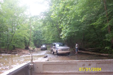 1979 Ford F-150 - Two SUVs navigate a muddy creek bed surrounded by dense forest.