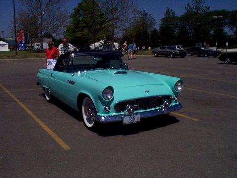 1999 Ford Taurus - A classic turquoise 1955 Ford Thunderbird convertible is parked in a lot with other vehicles and people in the background.