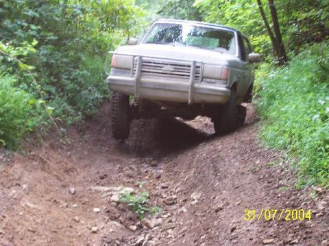 1995 Ford Bronco - This light-colored SUV navigates a challenging off-road trail surrounded by dense foliage.