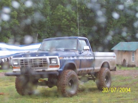1995 Ford Bronco - A lifted Ford pickup truck with a distinctive grille, likely from the late 1970s, sits in a grassy area.