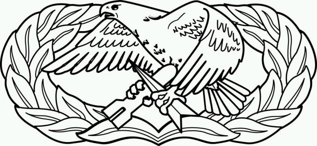 Line drawing of an eagle clutching a rifle, surrounded by a laurel wreath