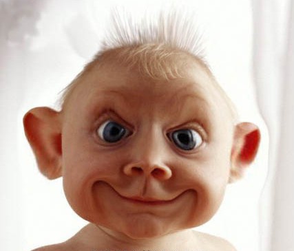 1993 Ford Bronco - A digitally altered image of a baby's face with exaggerated features and a wide smile, a website address at the bottom.