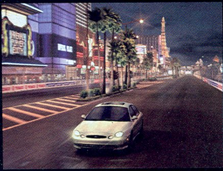 1999 Ford Taurus - Video game screenshot of a light gold Ford Taurus sedan driving at night down a Las Vegas Strip circuit, headlights on, with palm trees, ne…