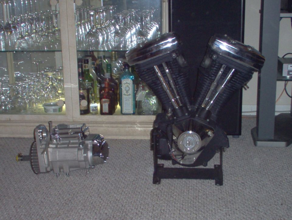 Motorcycle V-twin engine and transmission on carpet
