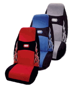 1993 Ford Bronco - These seat covers feature flame graphics and come in red, blue, and gray color options.