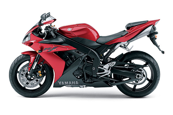 Red and black Yamaha R1 sportbike studio profile shot