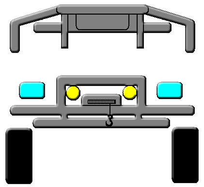 1989 Ford Bronco - Stylized illustration of a front bumper, grille guard, winch and driving lights; decorative rendering, not a technical document.
