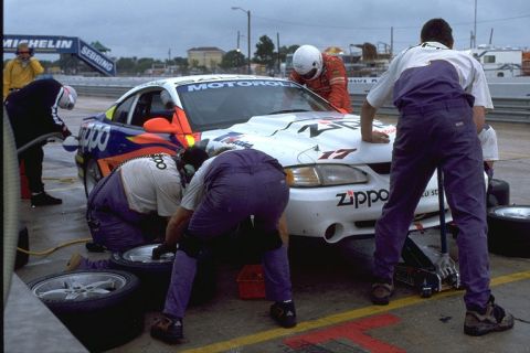 1995 Ford Mustang - Pit crew works on a 1995 Ford Mustang race car at Sebring in March 2000.