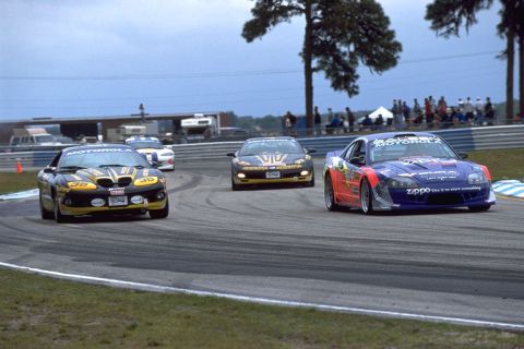 1995 Ford Mustang - Race cars compete on a track with spectators in the background.