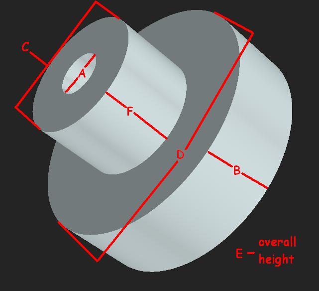 3D CAD rendering of a flanged hub or pulley annotated with red dimension letters A through F and overall height